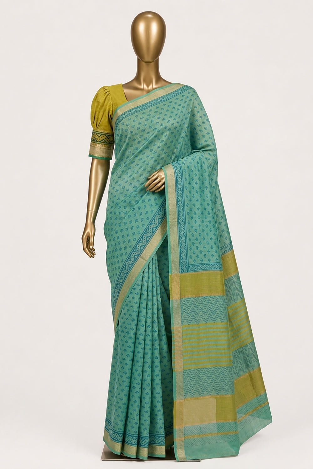 Image of Teal-Green Floral Printed Silk Cotton Saree