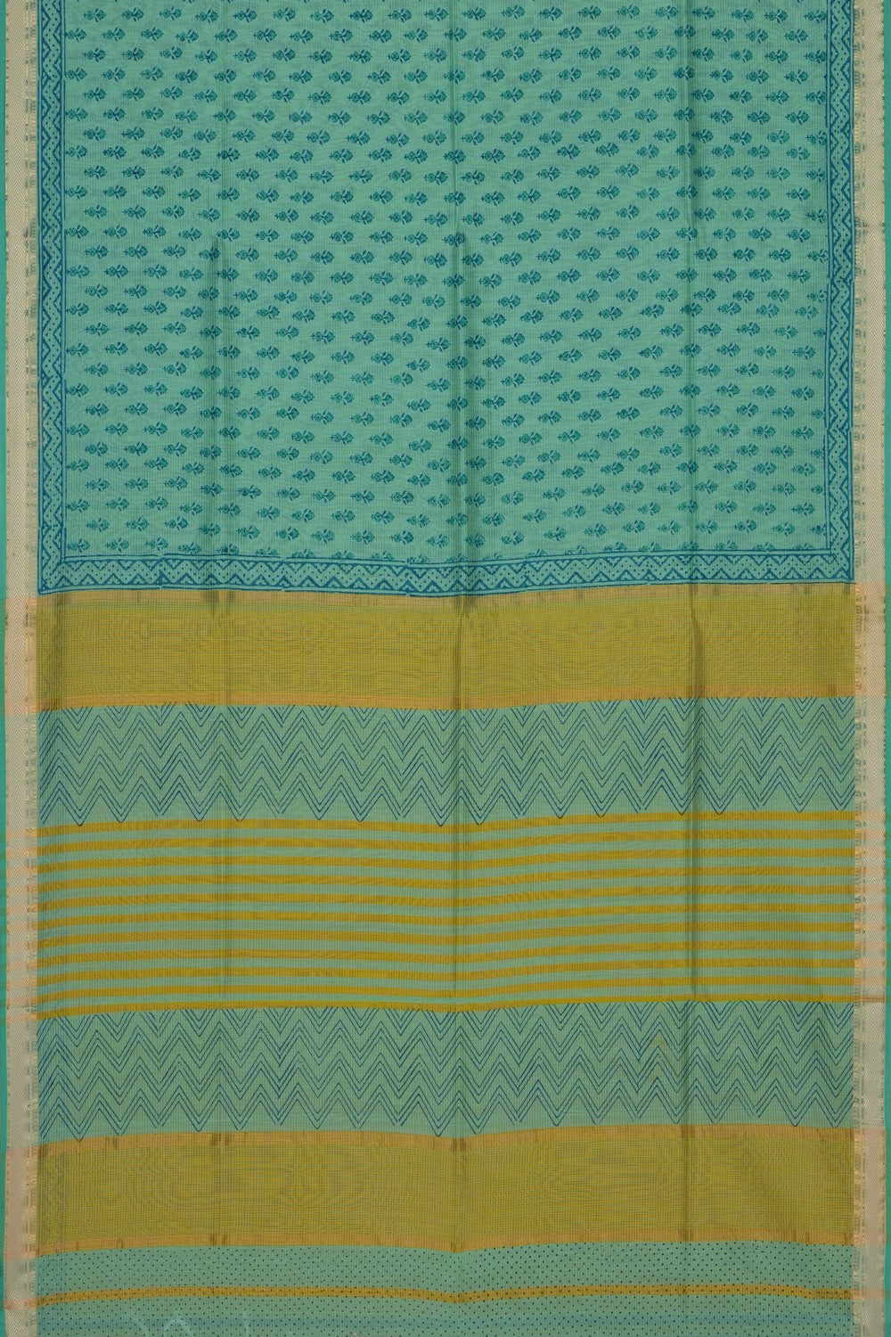 Image of Teal-Green Floral Printed Silk Cotton Saree