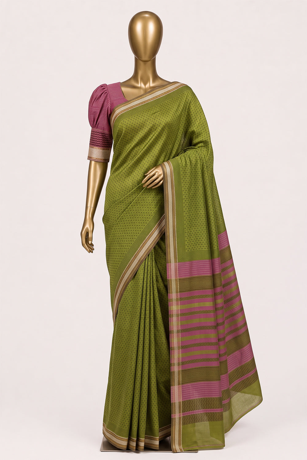 Image of Green Floral Printed Silk Cotton Saree