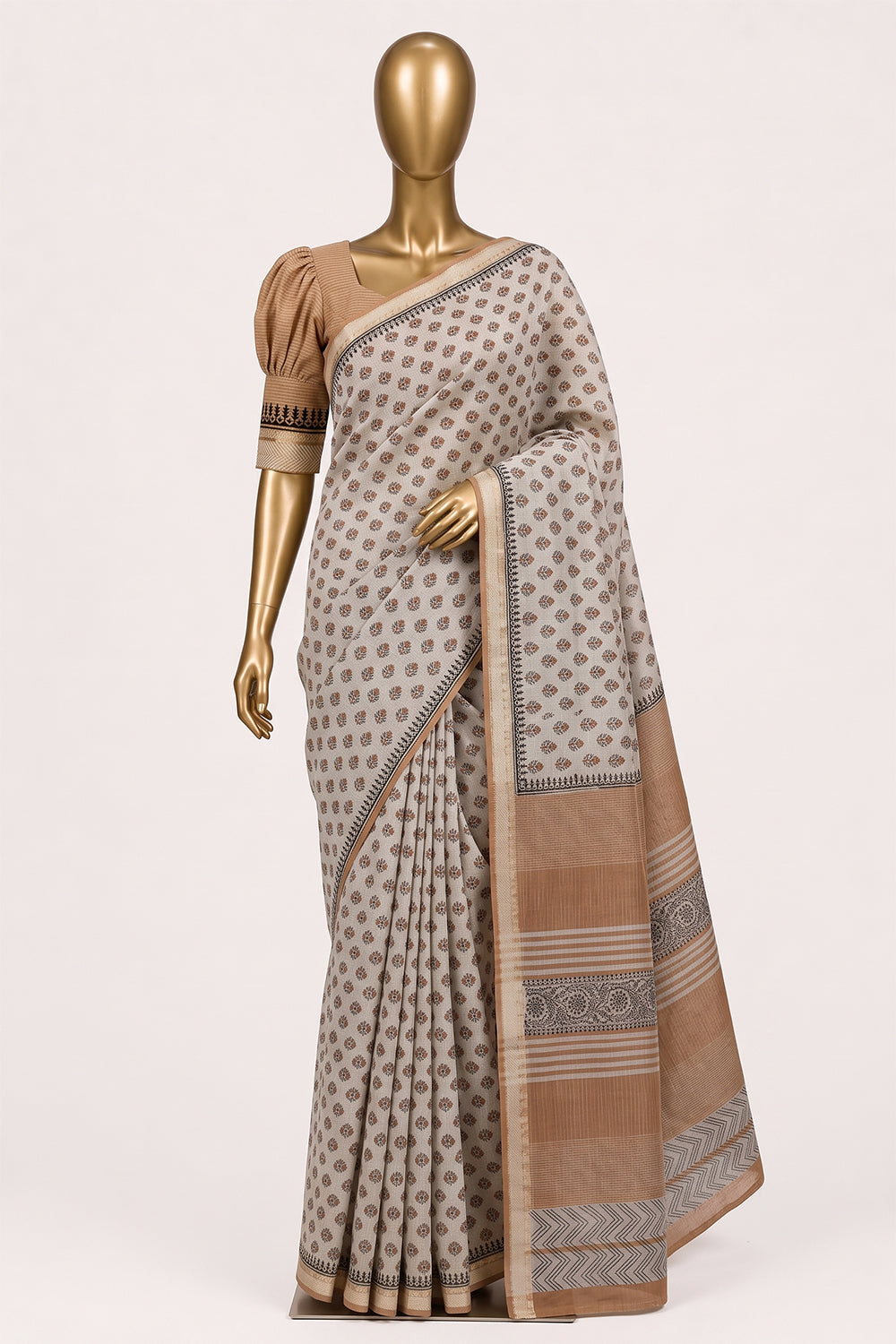 Image of Off-White Floral Printed Silk Cotton Saree