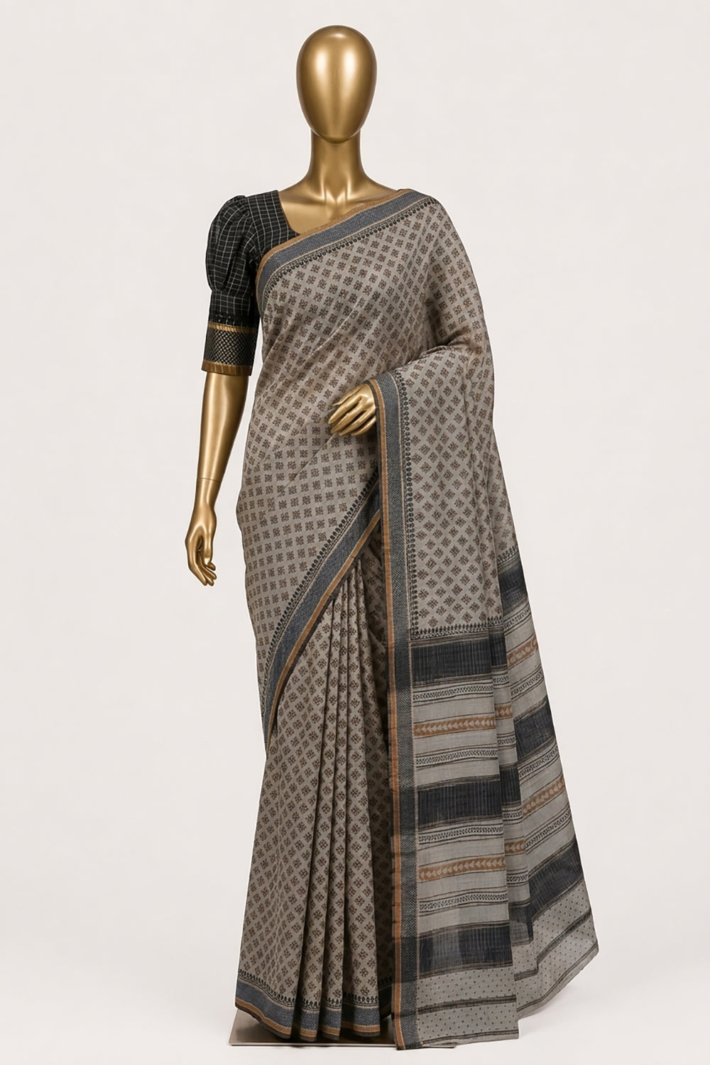 Image of Off-White Floral Printed Silk Cotton Saree