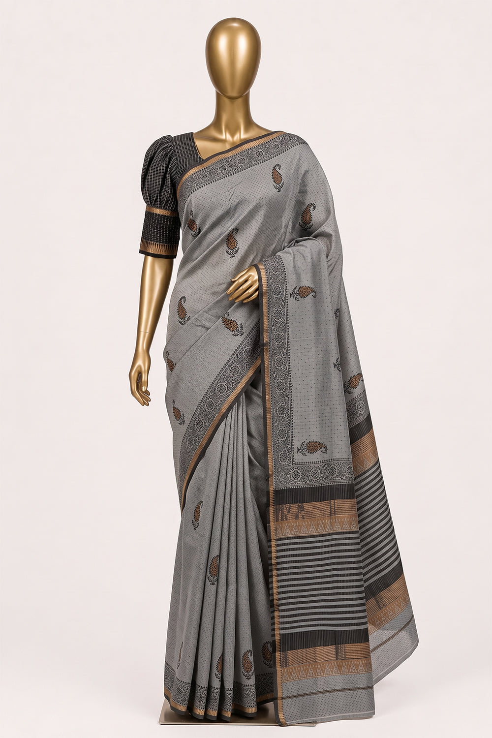 Image of Off-White Floral Printed Silk Cotton Saree