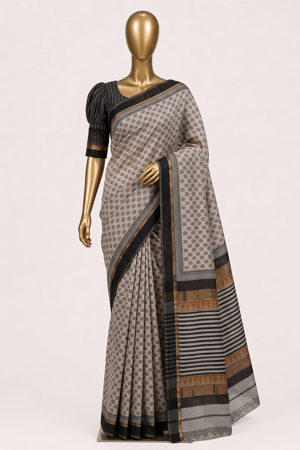 Image of Off-White Floral Printed Silk Cotton Saree