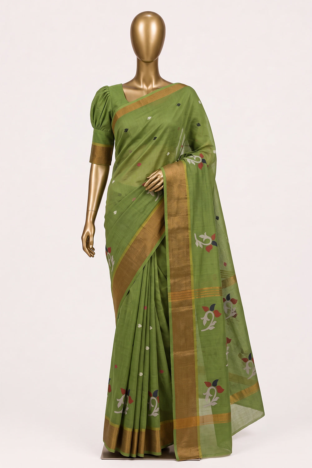 Image of Green Cotton Saree