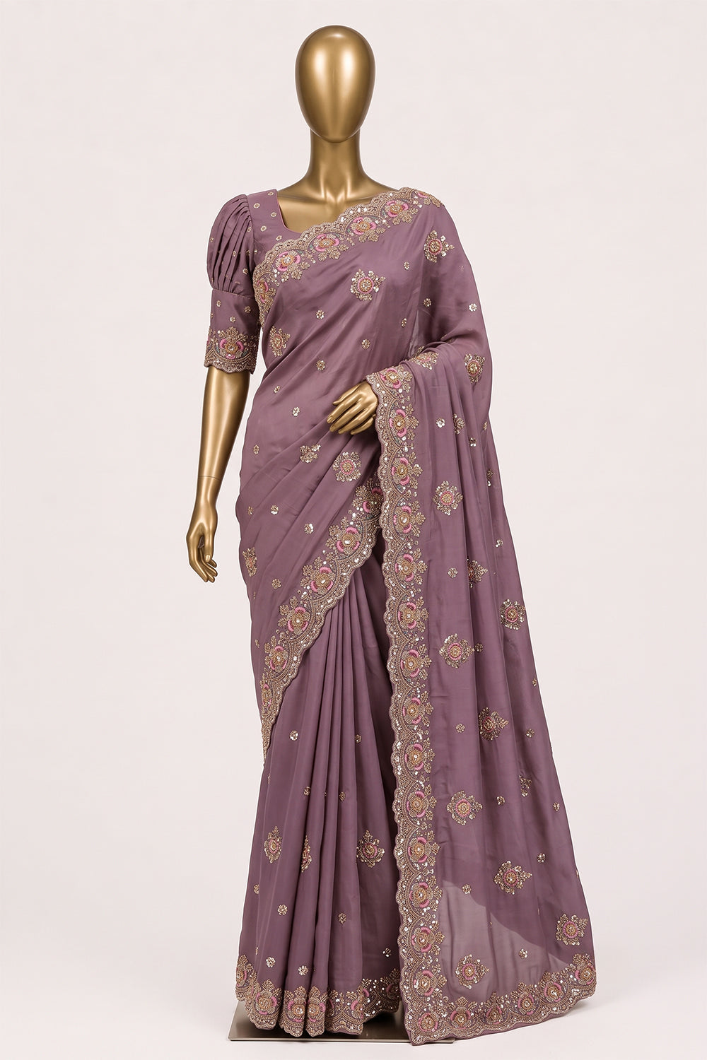 Image of Light-Pink Kora Silk Embroidery Saree