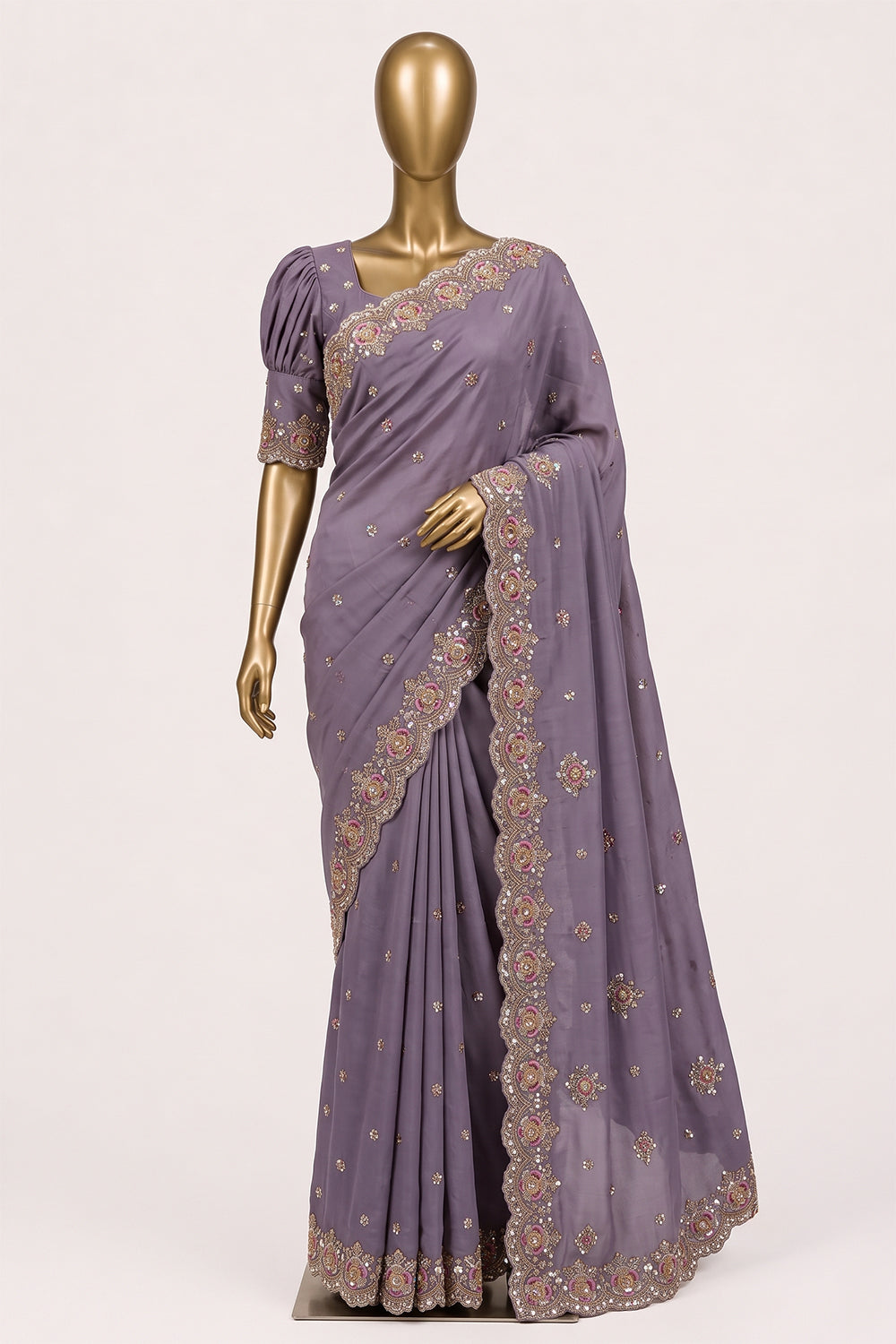 Image of Purple Kora Silk Embroidery Saree