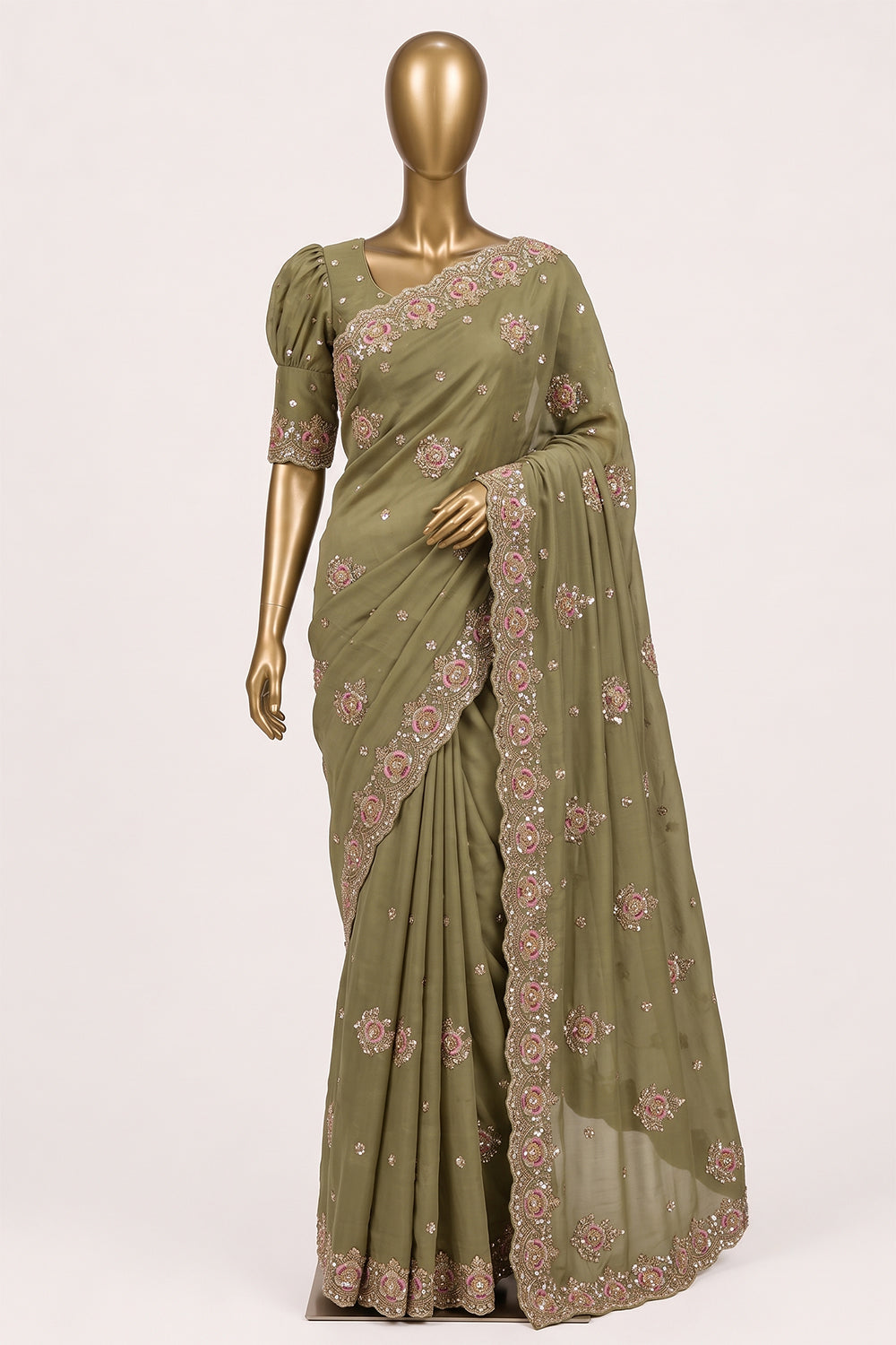 Image of Light-Green Kora Silk Embroidery Saree