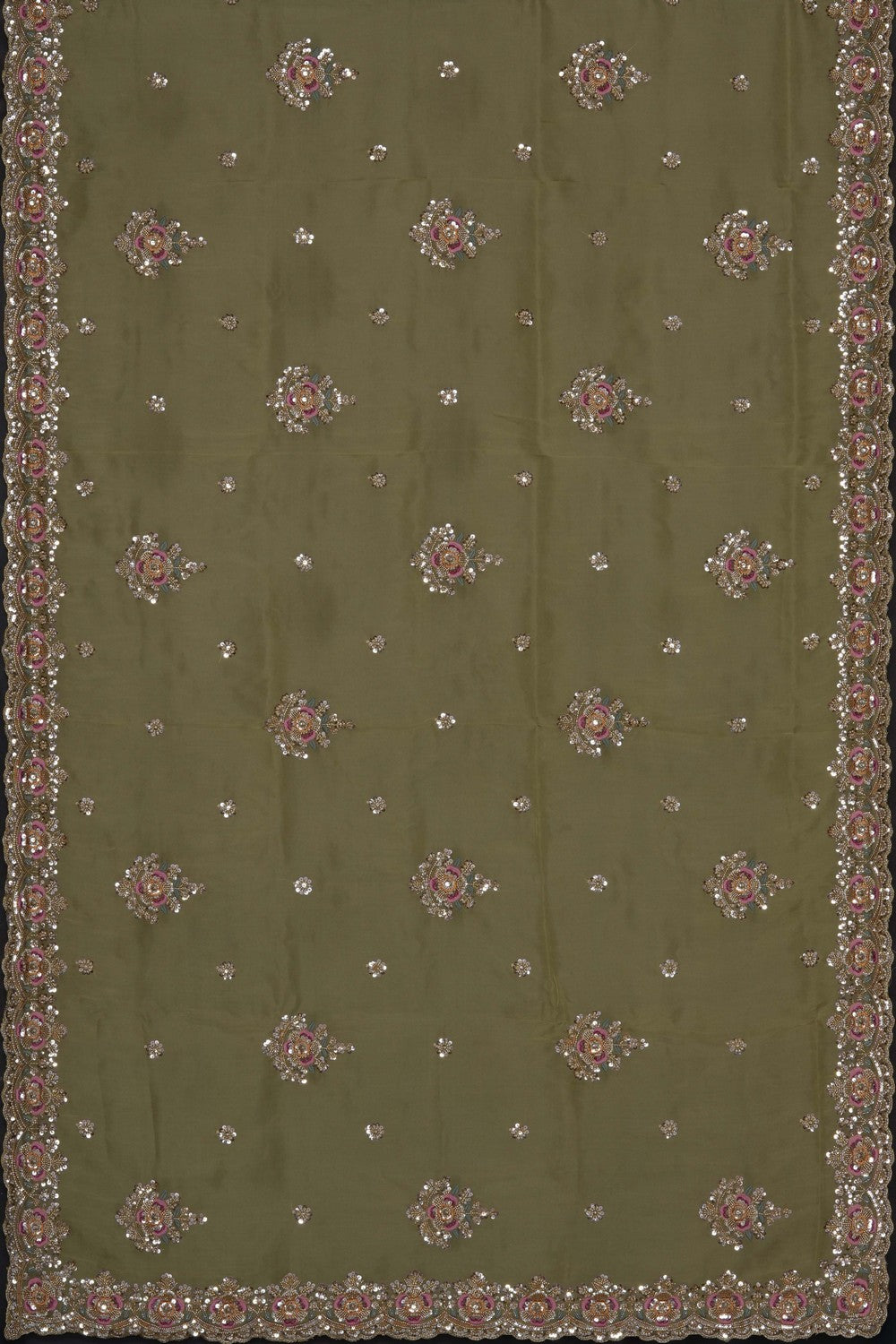 Image of Light-Green Kora Silk Embroidery Saree