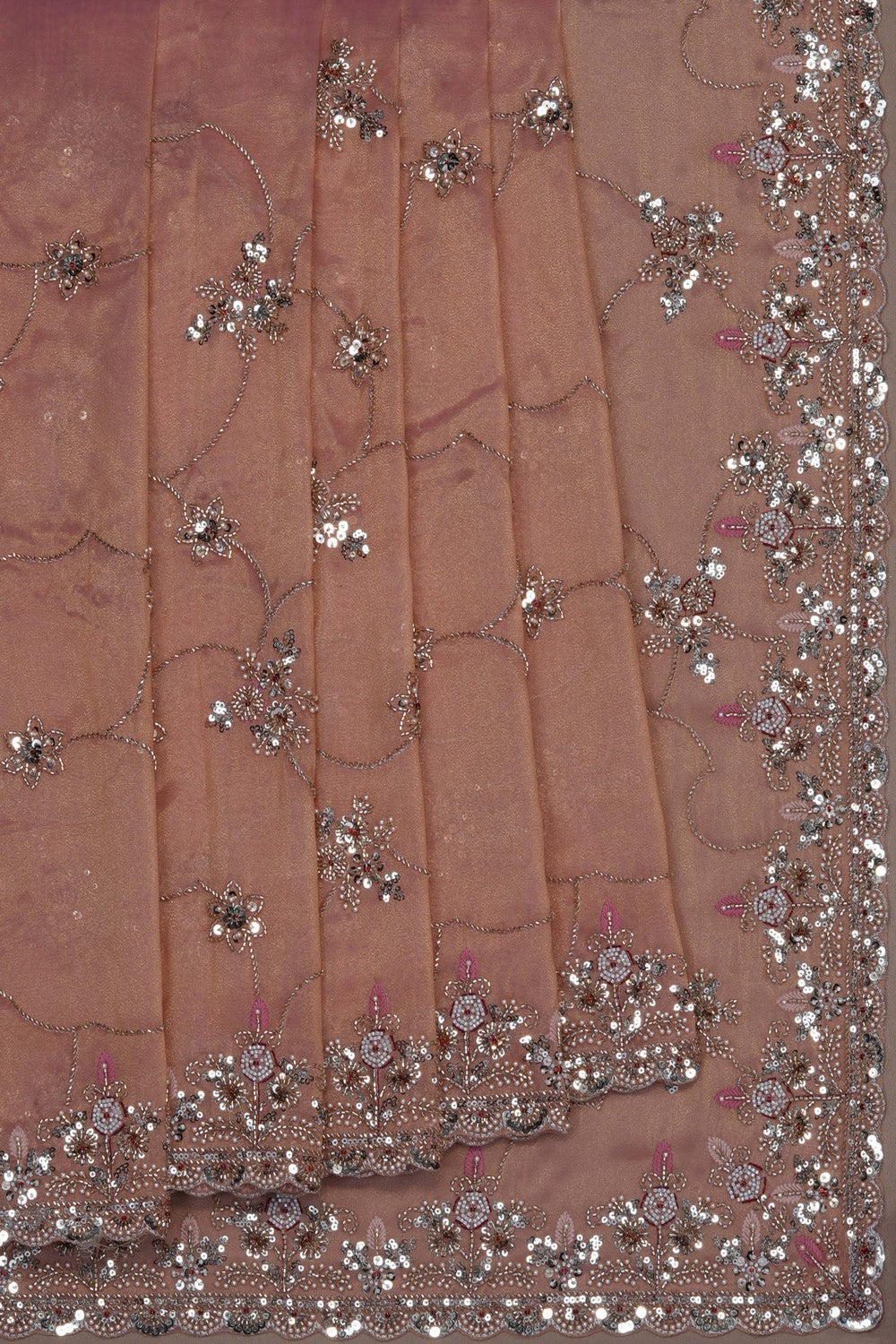 Image of Light-Pink Tissue Silk Embroidery Saree