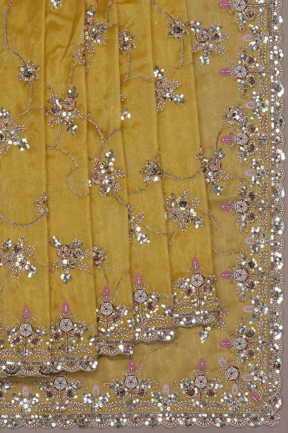 Image of Yellow Tissue Silk Embroidery Saree