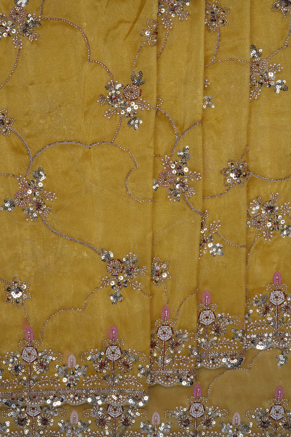 Image of Yellow Tissue Silk Embroidery Saree