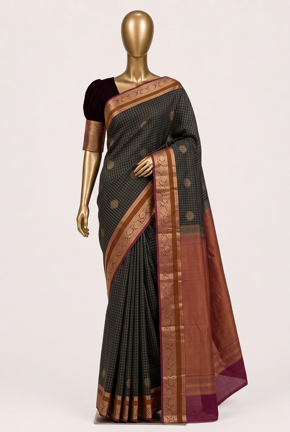 Image of Bottle Green Silk Kattam Saree