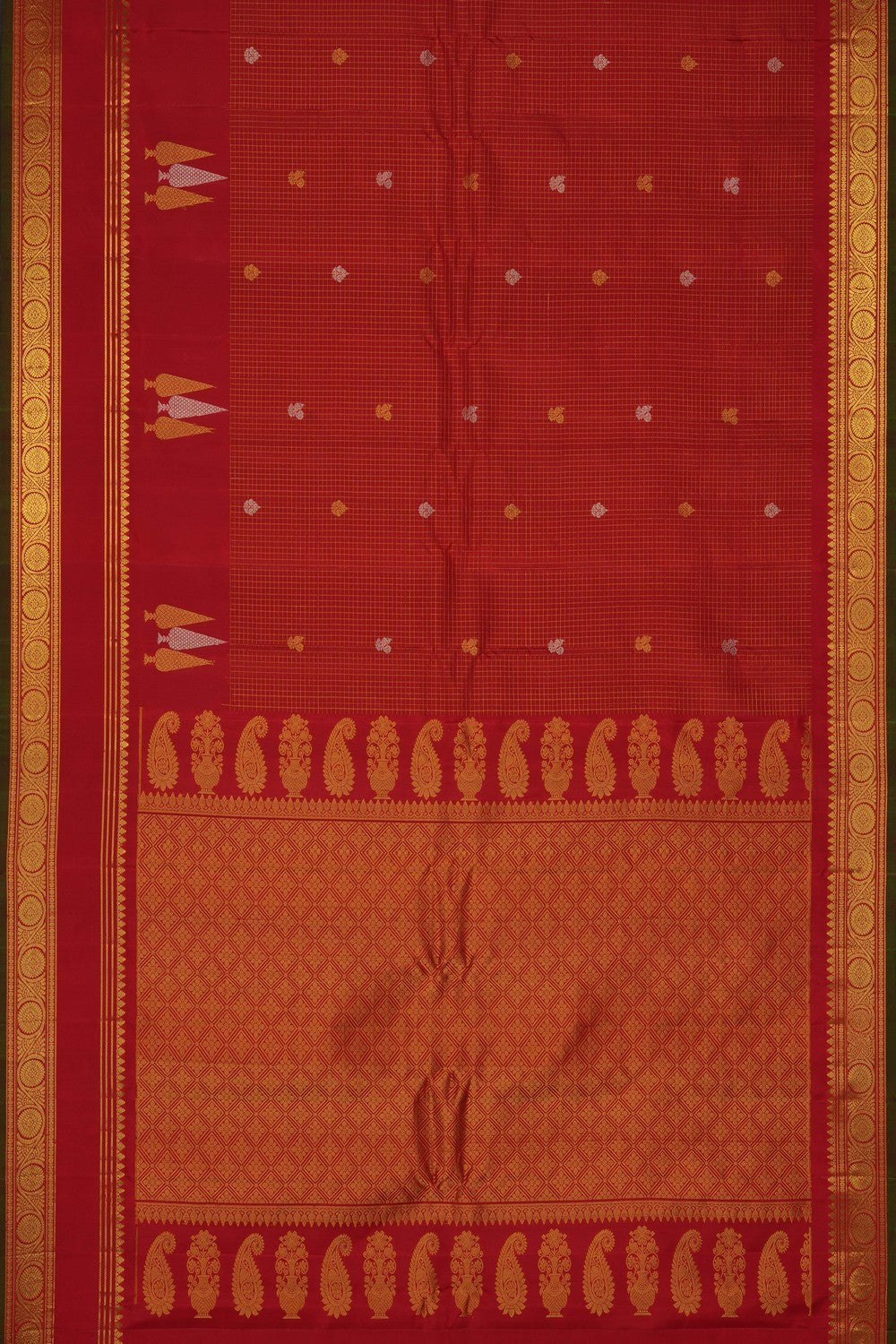 Image of Red Gadwal Silk Kattam Saree