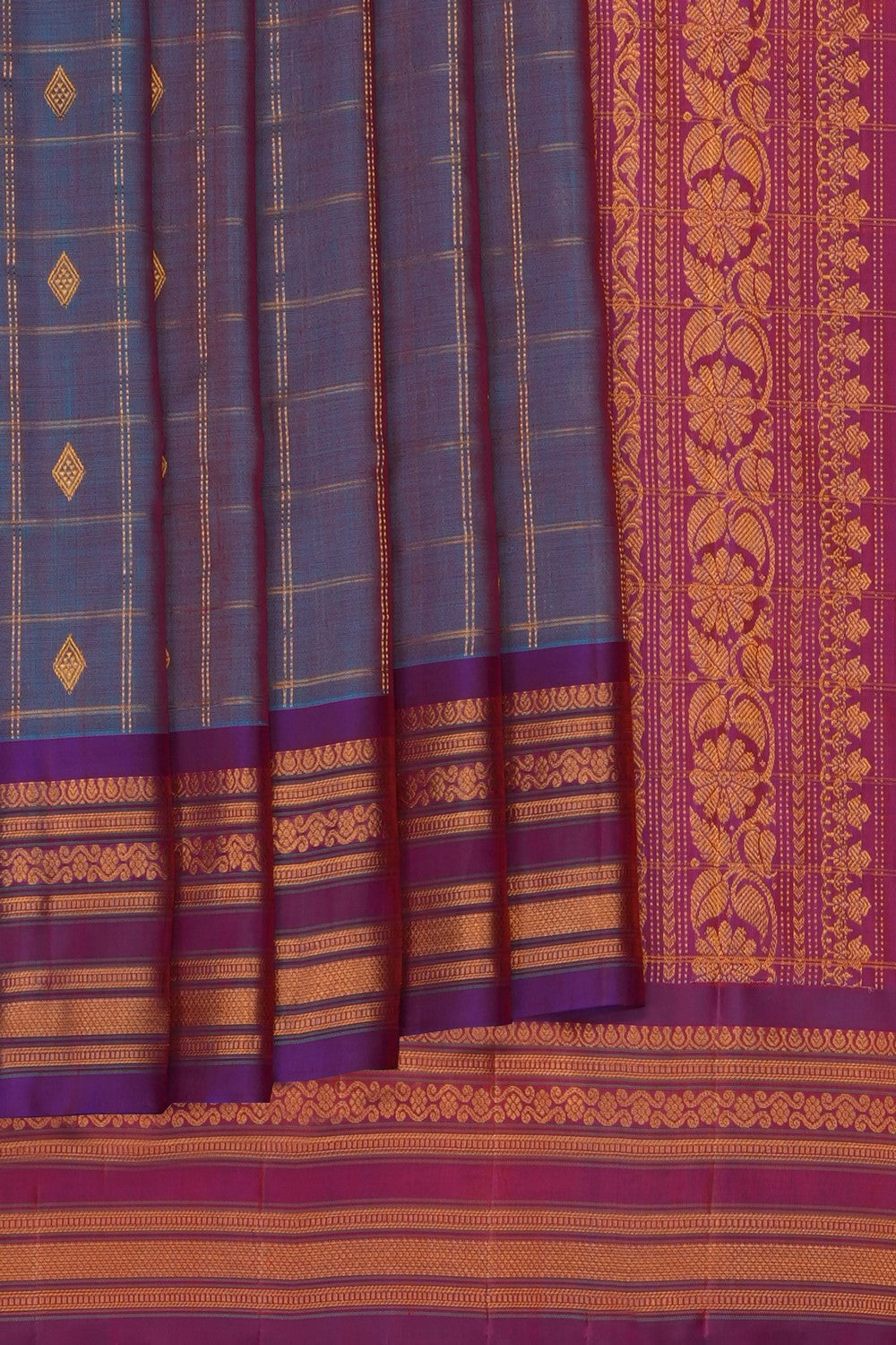 Image of Purple Gadwal Silk Cotton Kattam Saree