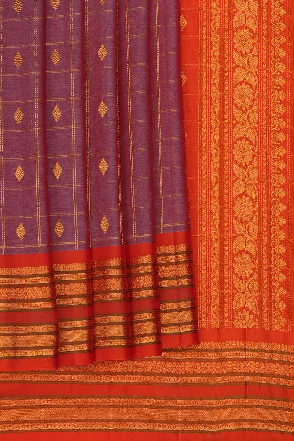 Image of Mauve Gadwal Silk Cotton Kattam Saree