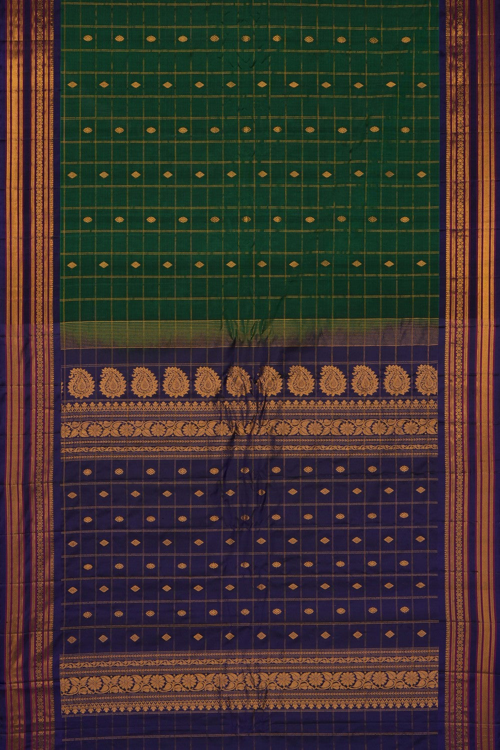 Image of Green Gadwal Silk Cotton Kattam Saree