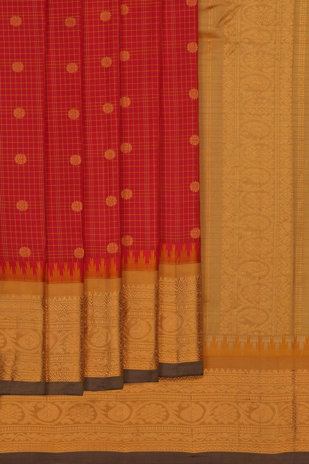 Image of Red Gadwal Silk Kattam Saree