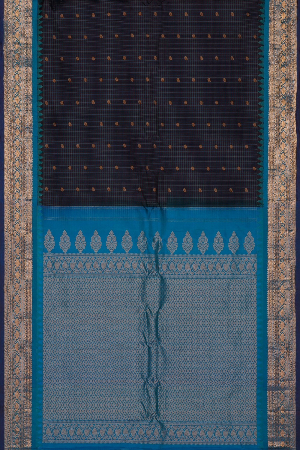 Image of Navy Blue Gadwal Silk Kattam Saree