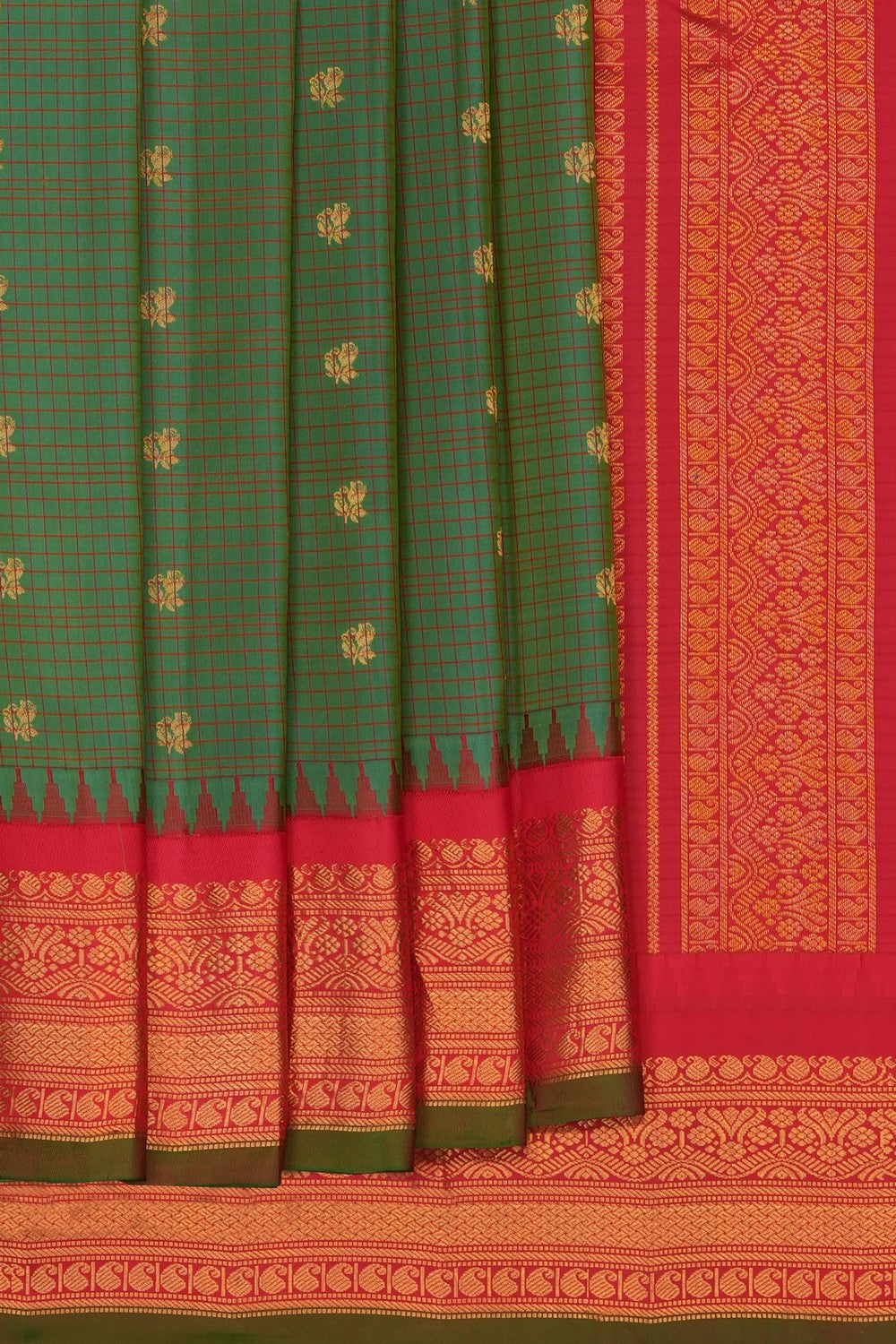 Image of Green Gadwal Silk Kattam Saree