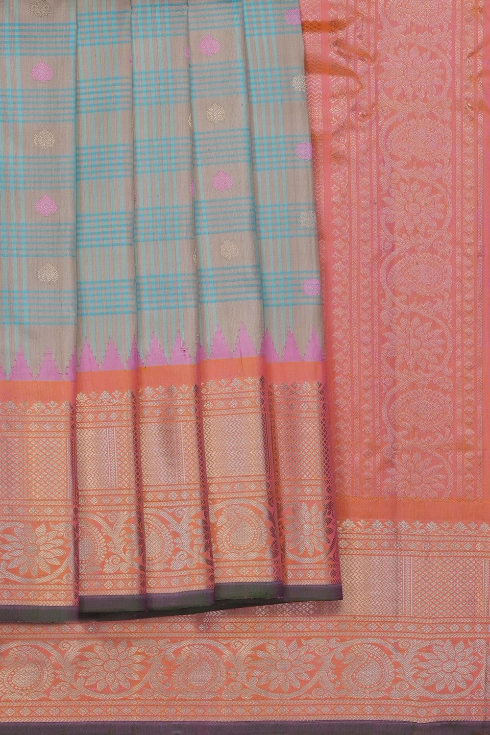 Image of Pastel Blue Gadwal Silk Kattam Saree