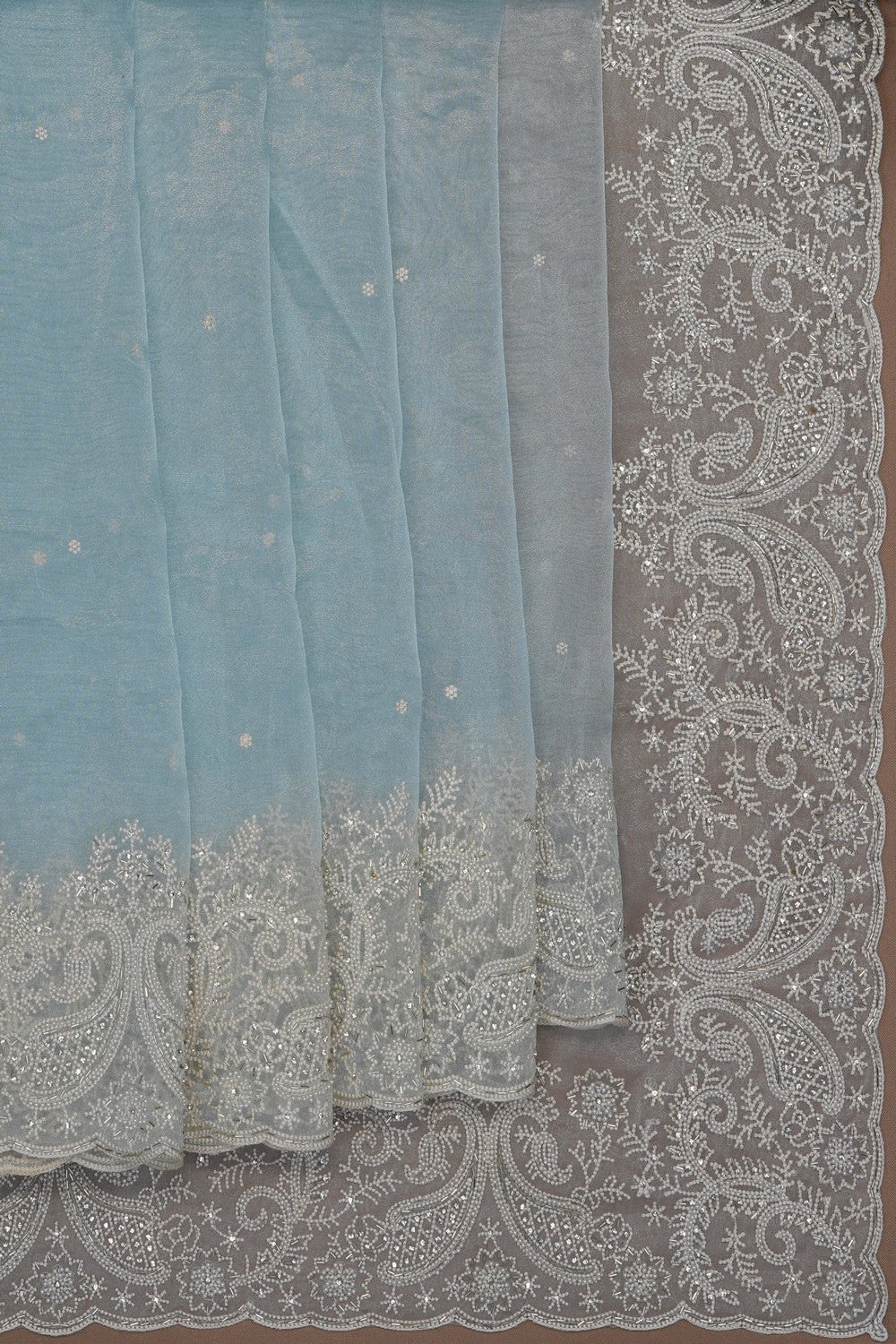 Image of Sky Blue Kora Tissue Silk Embroidery Saree