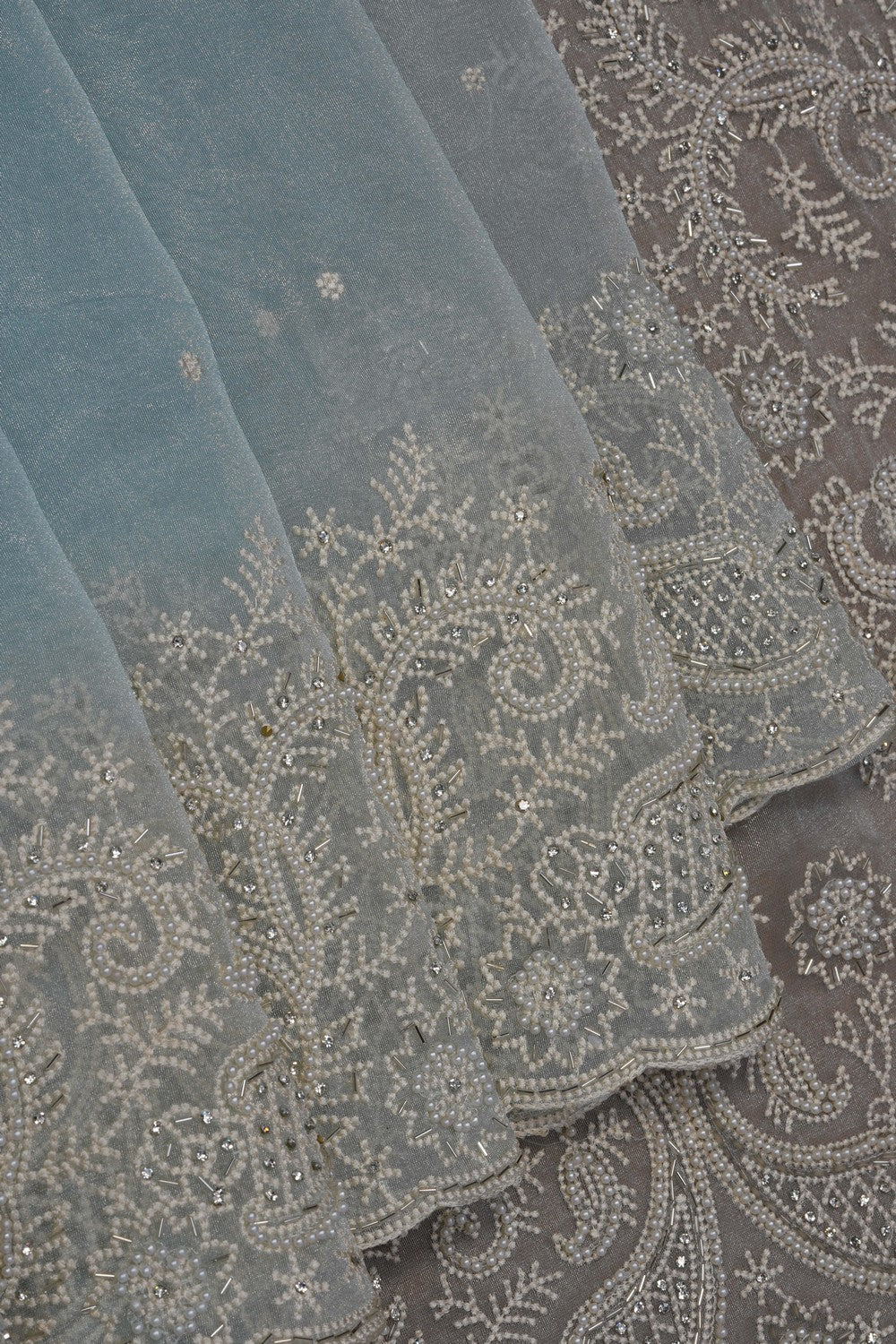 Image of Sky Blue Kora Tissue Silk Embroidery Saree