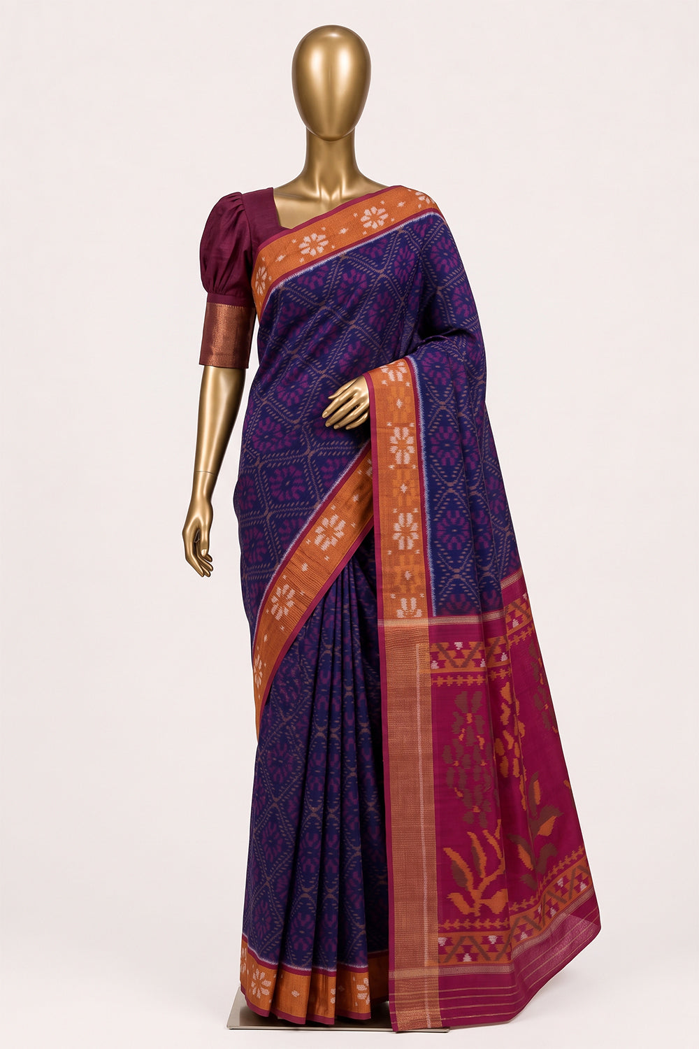 Image of South Silk-Cotton Ikat Fusion Saree