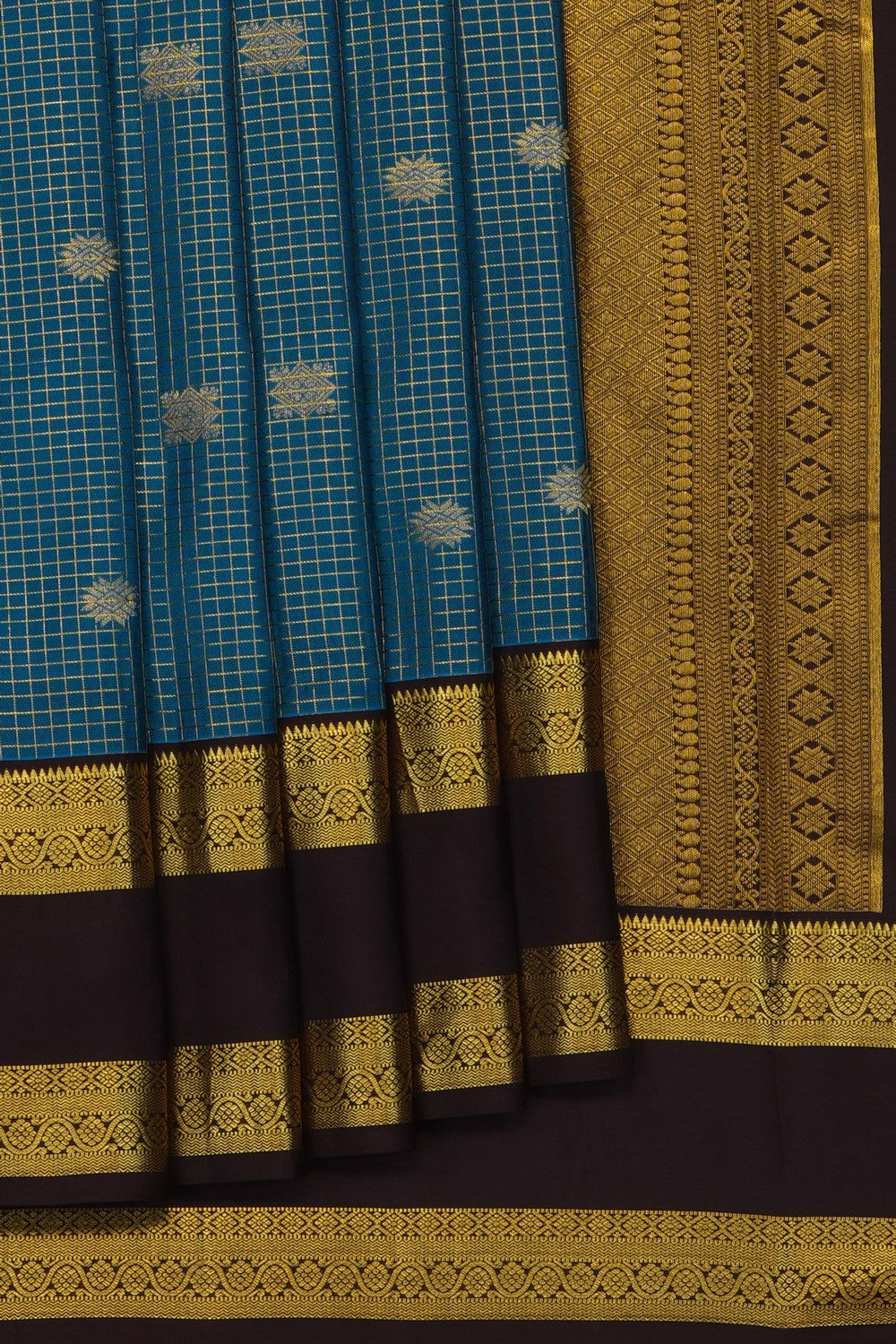 Image of Teal-Blue South Silk Kattam Saree