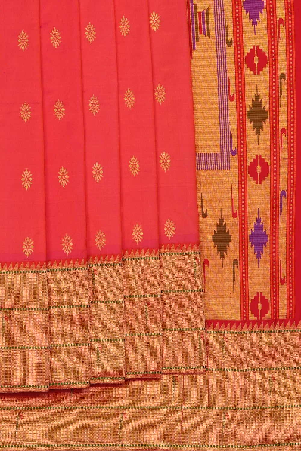 Image of Coral Orange Paithani Silk Saree