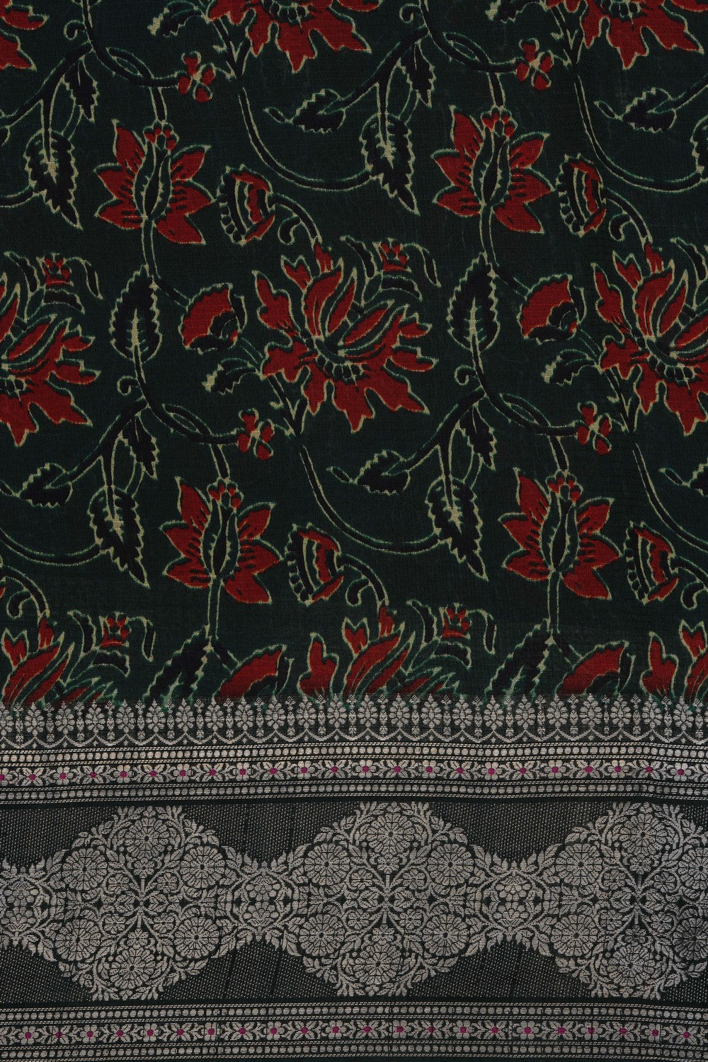 Image of Floral Printed Black Silk Saree
