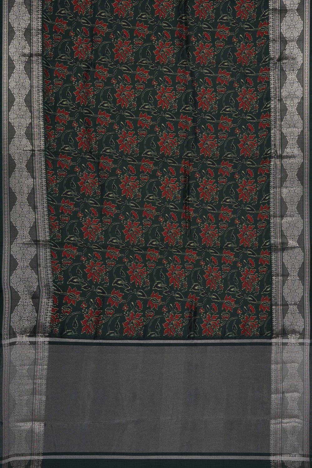 Image of Floral Printed Black Silk Saree