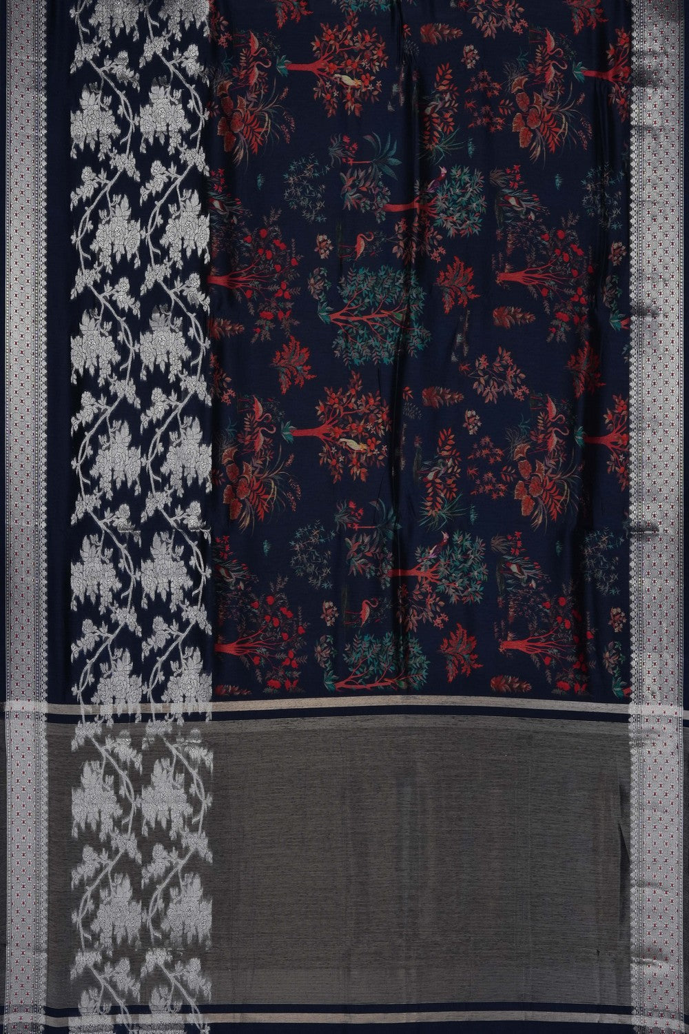 Image of Navy Blue Printed Silk Saree