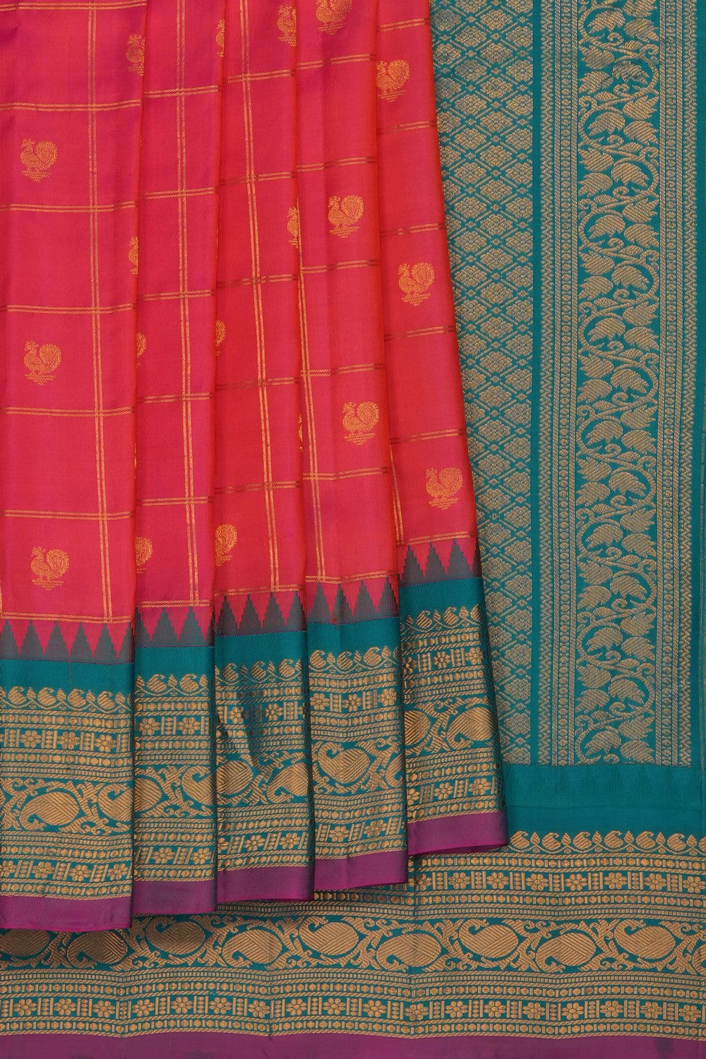 Image of Fuchsia-Pink Gadwal Silk Kattam Saree