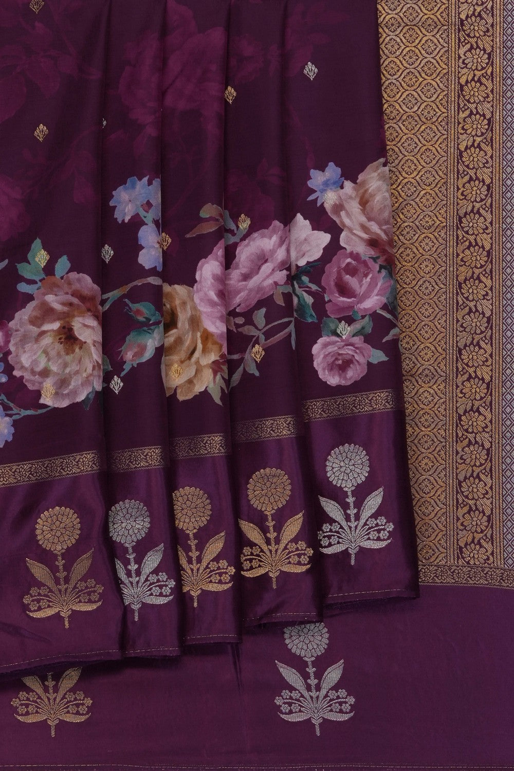 Image of Violet Crepe Silk Printed Floral Saree