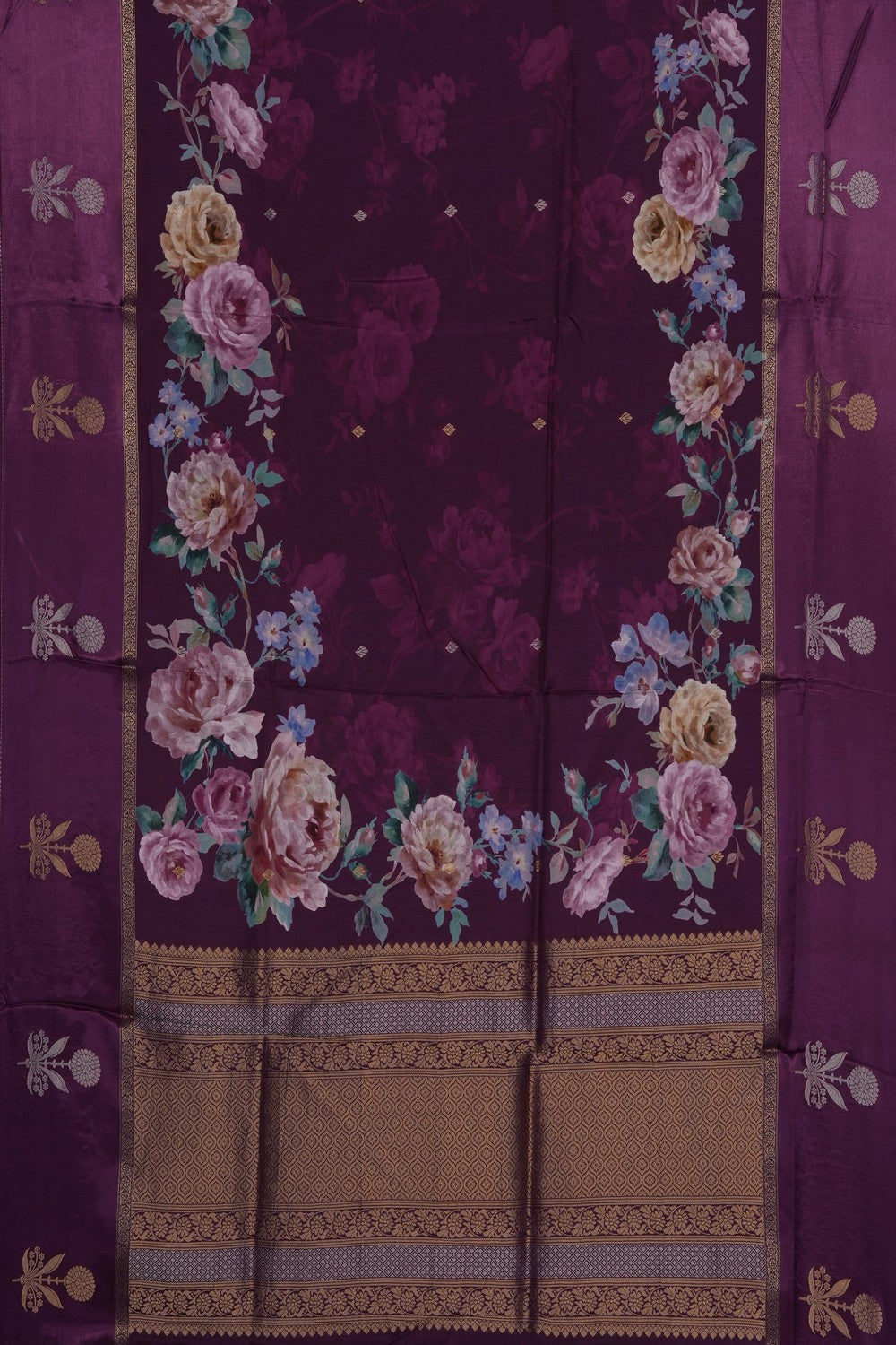 Image of Violet Crepe Silk Printed Floral Saree