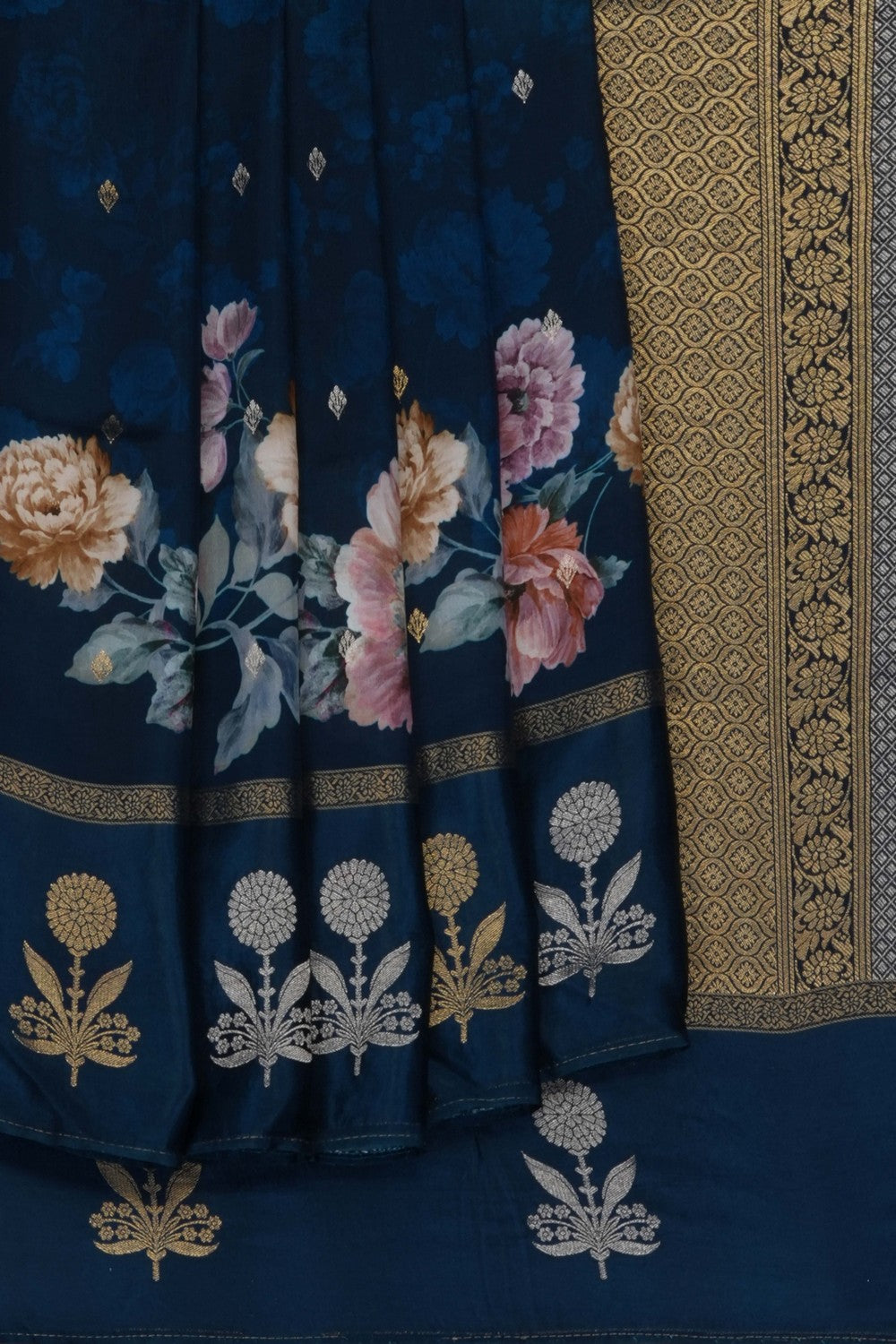 Image of Blue Crepe Silk Printed Floral Saree