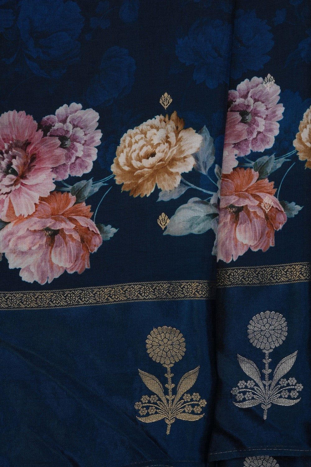 Image of Blue Crepe Silk Printed Floral Saree