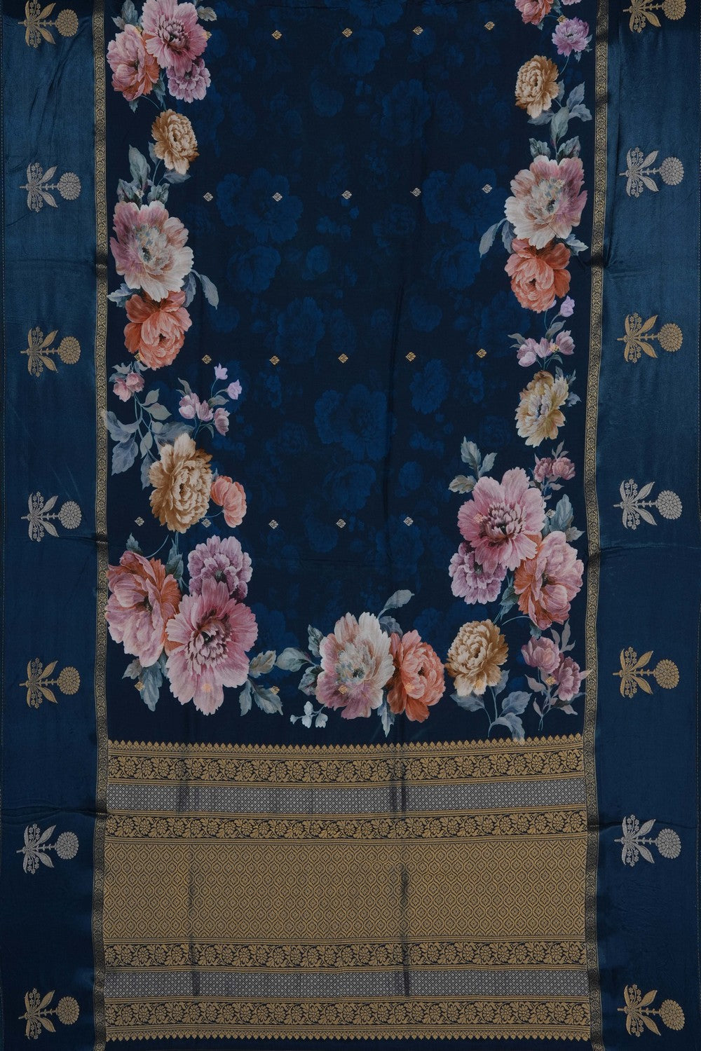 Image of Blue Crepe Silk Printed Floral Saree