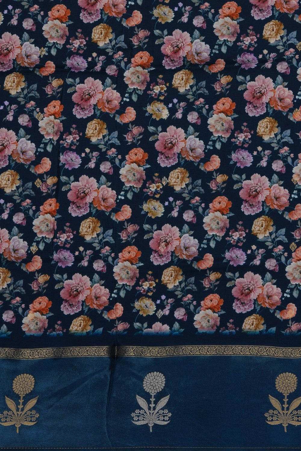 Image of Blue Crepe Silk Printed Floral Saree