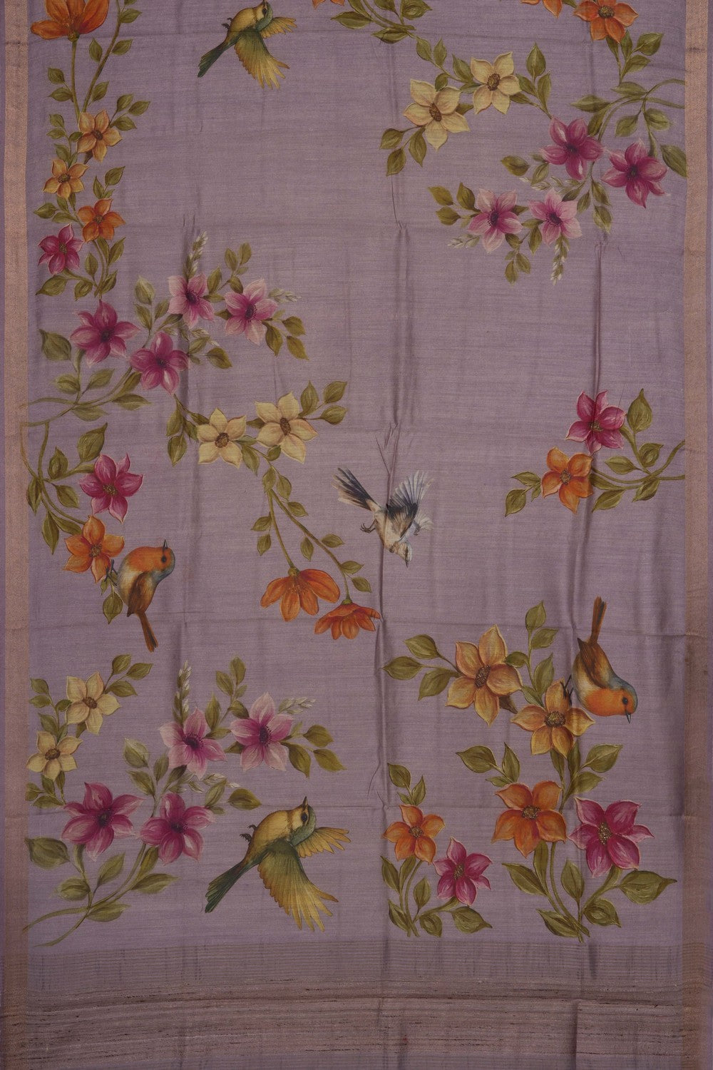 Image of Floral Printed Grey Tussar Silk Saree
