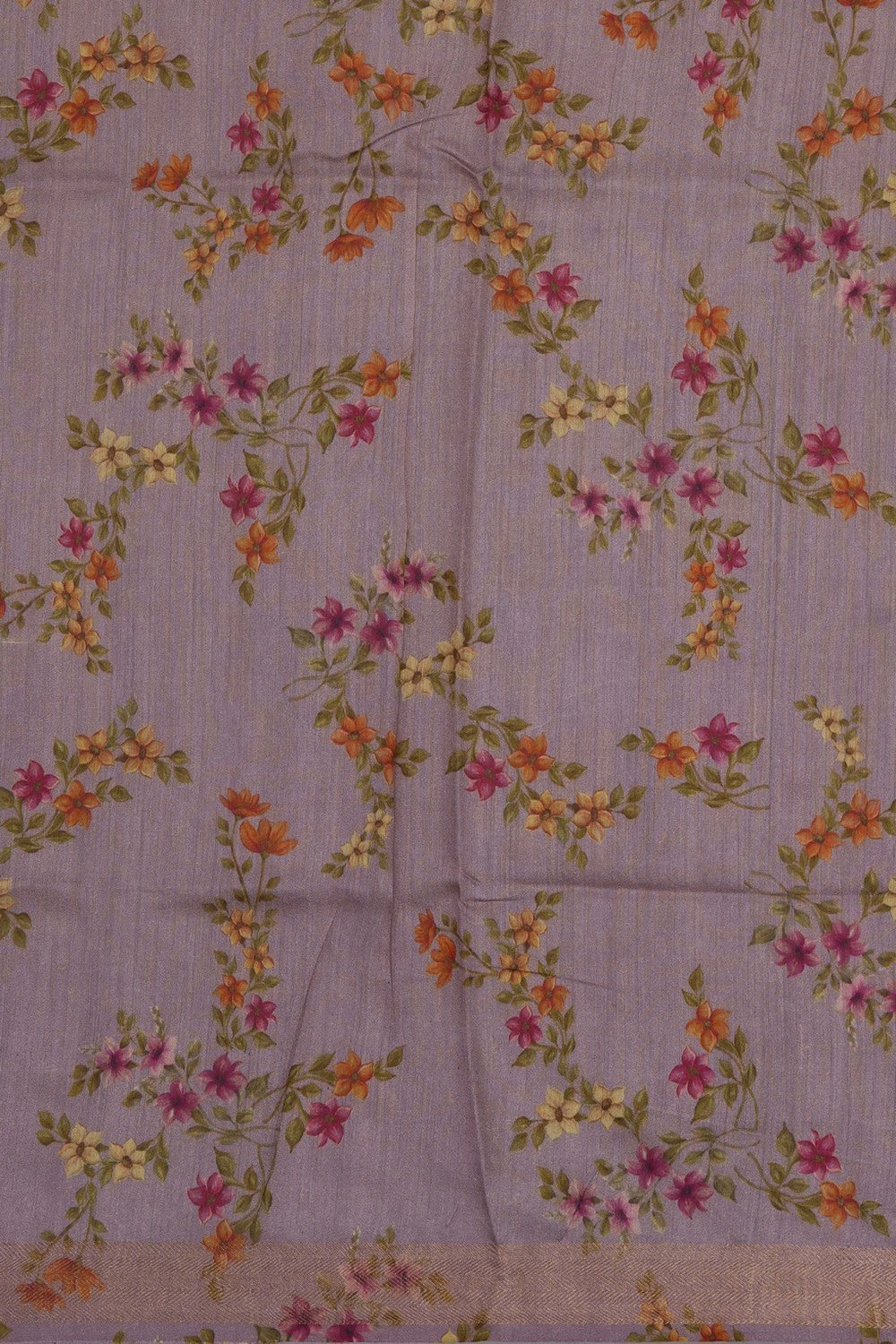 Image of Floral Printed Grey Tussar Silk Saree