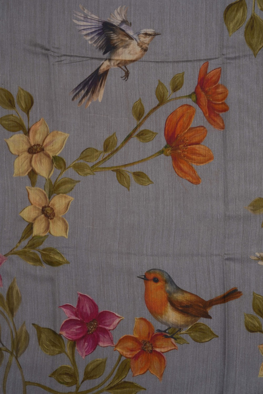Image of Floral Printed Grey Tussar Silk Saree
