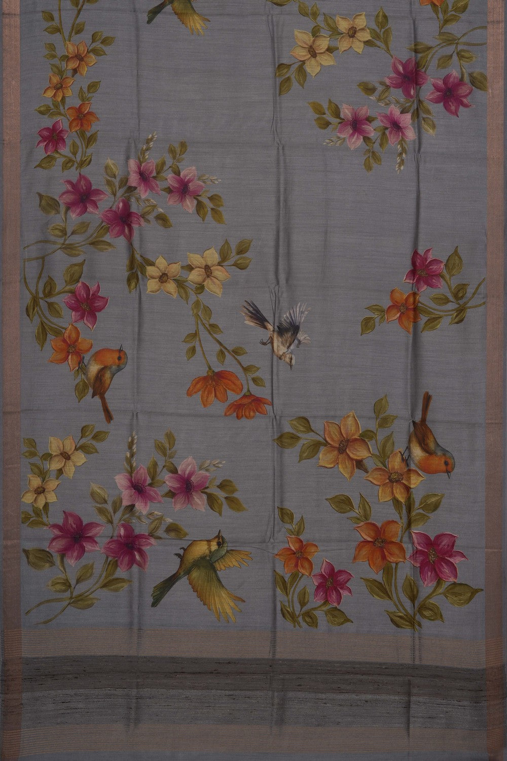 Image of Floral Printed Grey Tussar Silk Saree