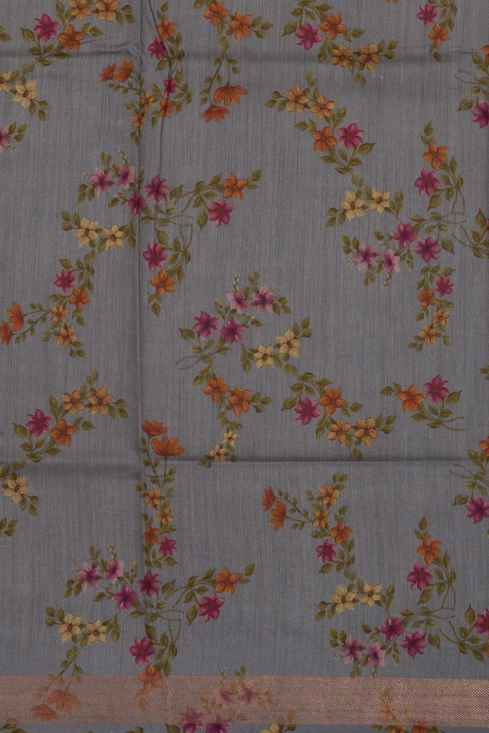 Image of Floral Printed Grey Tussar Silk Saree