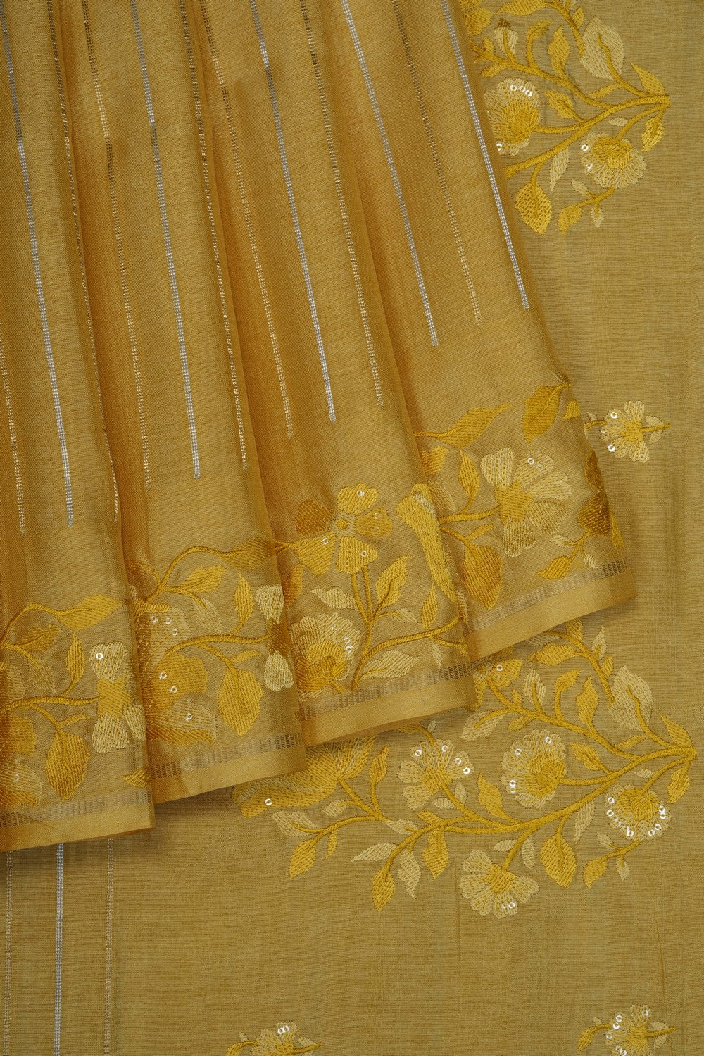 Image of Yellow Tussar Silk Embroidery Saree