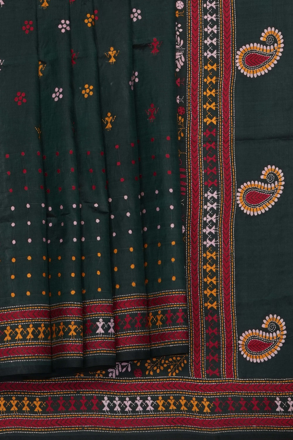 Image of Bottle-Green Silk Kantha Embroidery Saree