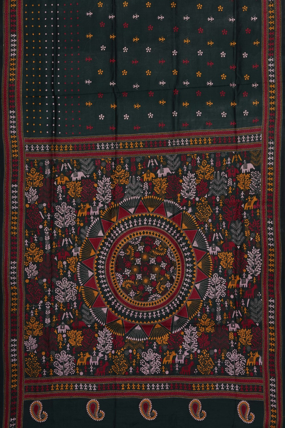 Image of Bottle-Green Silk Kantha Embroidery Saree