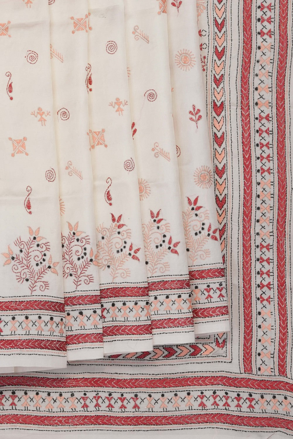 Image of Off-White Silk Kantha Embroidery Saree