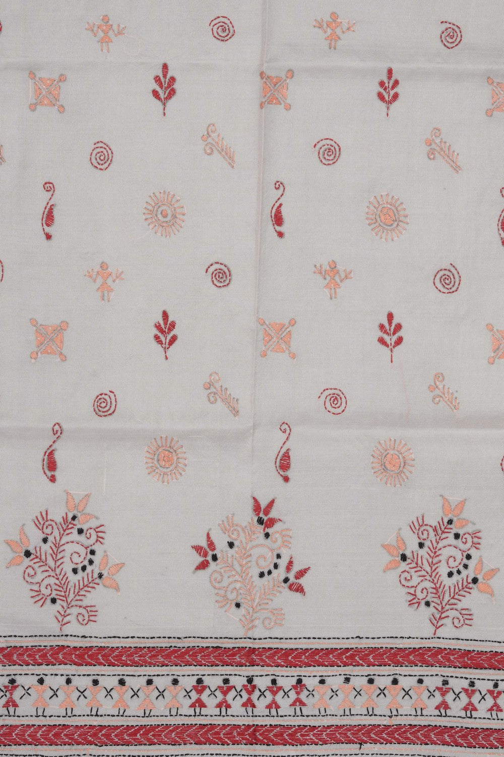 Image of Off-White Silk Kantha Embroidery Saree