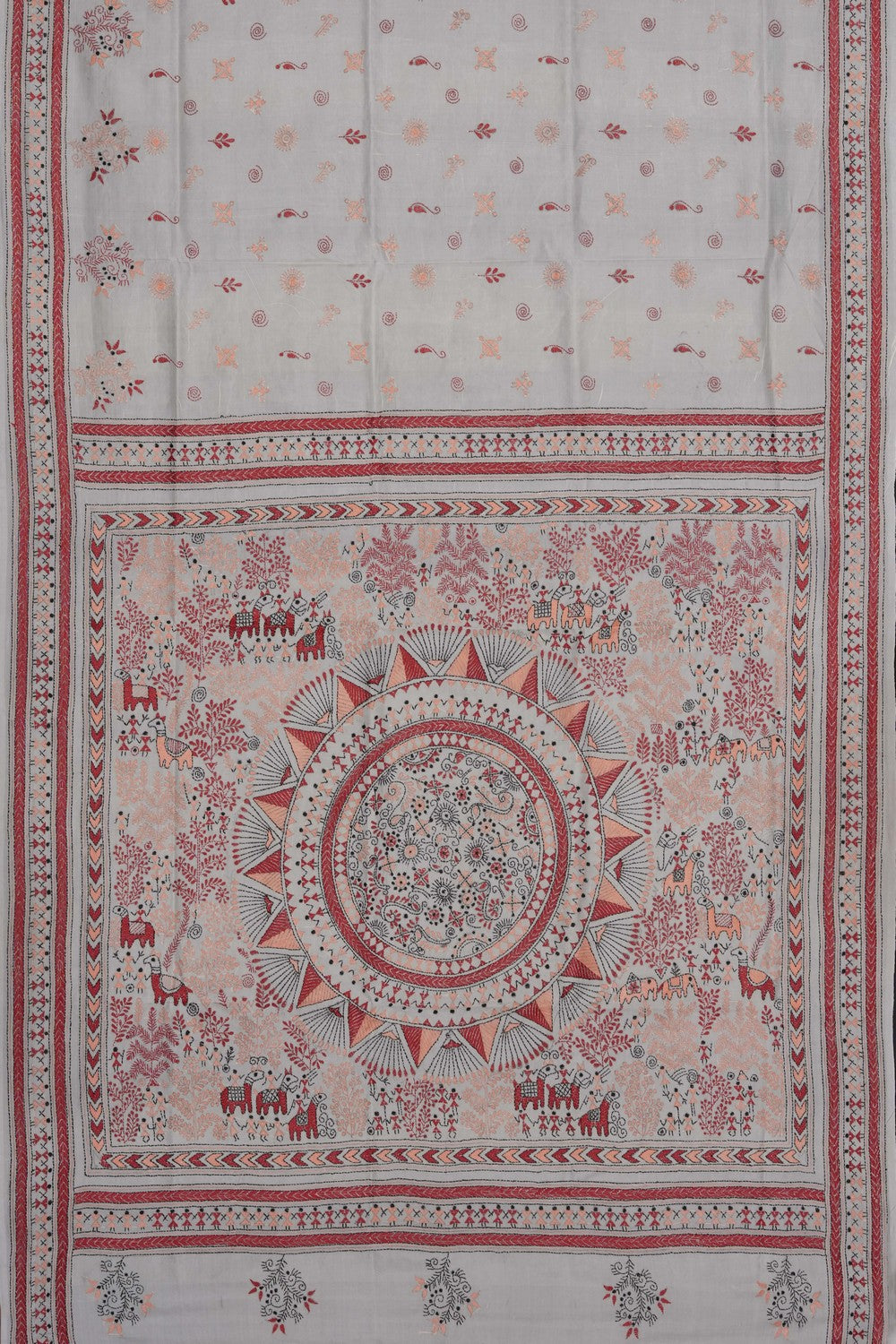 Image of Off-White Silk Kantha Embroidery Saree